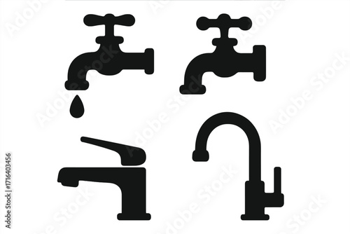 Silhouette faucet icons set with dripping, classic and modern water taps, vector cartoon illustration with transparent background, ordered collection of plumbing fixtures