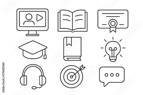 Online learning icon set. E-learning, webinar, and distance education symbols. Computer, diploma, book, graduation cap. Vector illustration for training, knowledge, goals.