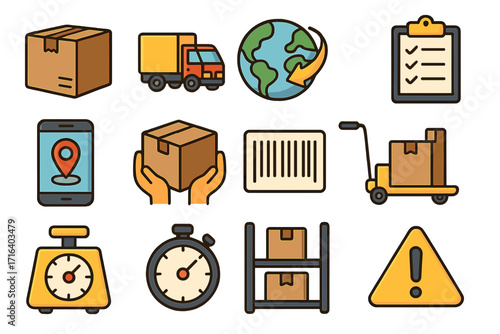 Shipping and logistics icon set for delivery service and inventory management. Vector cartoon collection of transport, package tracking, worldwide freight, and warehouse icons.