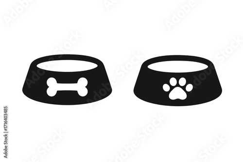 Silhouette pet bowls with dog bone and cat paw icons, feeding bowls vector set, black cartoon style pet food dishes, isolated transparent background illustration
