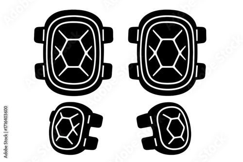 Black knee pad set with geometric hexagonal pattern protection gear illustration in silhouette style, vector cartoon design with transparent background for sports and safety equipment