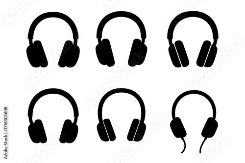Set of black headphone silhouettes in various designs. Vector icon collection for music, audio, and podcast themes. Headset and earphone illustrations for listening to sound.