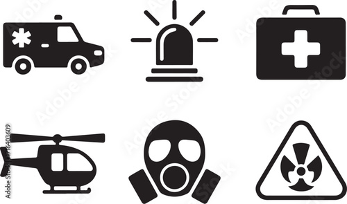 Emergency icons ambulance helicopter first aid gas mask danger