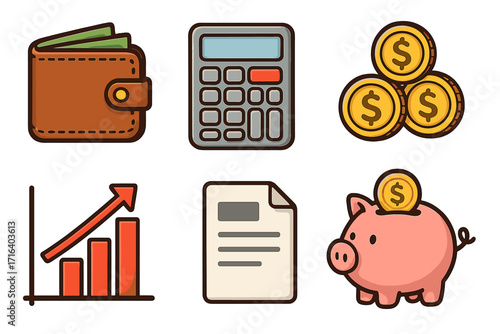 Finance and money icon set. Vector cartoon wallet, calculator, coins, growth chart, tax form, and piggy bank. Business, banking, savings, investment, budget concept.