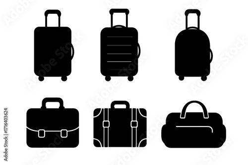 Silhouette black travel suitcase and bag icons set on white background. Vector cartoon illustration with transparent background. Luggage, briefcase, duffle bag, travel gear set.