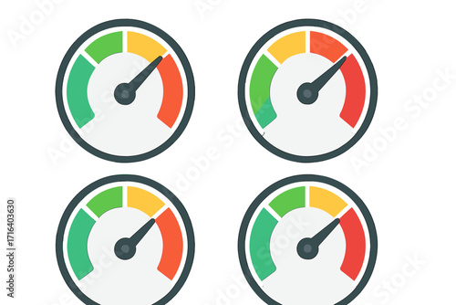 Set of colorful speedometer icons, flat design speedo dials, vector cartoon speedometer symbols, web icons with transparent background, ordered speed indicator set