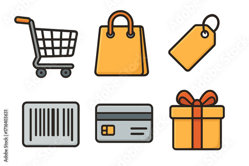 Shopping and retail icons set with cart, handbag, price tag, barcode, credit card, and gift box. Colorful vector cartoon illustration. Transparent background. E-commerce and sale symbols.