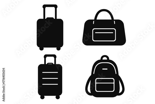 Silhouette minimalist travel bags icons set with luggage trolley suitcase handbag backpack, modern traveler essentials, vector cartoon illustration, transparent background