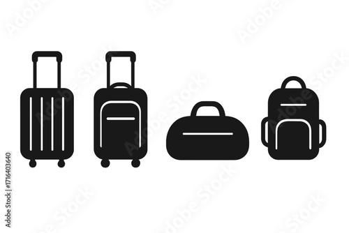 Minimalist travel bag icons collection with silhouette luggage, suitcase, duffel bag, and backpack for modern travelers, vector cartoon illustration, transparent background, ordered set