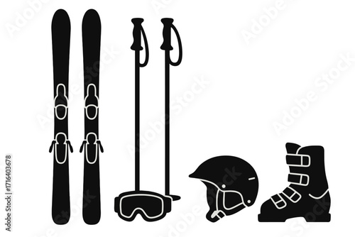 Silhouette ski equipment set minimalist black and white winter sports gear vector cartoon illustration transparent background ordered set including skis, poles, goggles, helmet, and boots