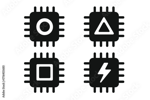 Computer chip icon set. CPU processor microchip silhouette. Integrated circuit hardware technology symbol. Vector collection for AI, data processing, core unit, energy, power.