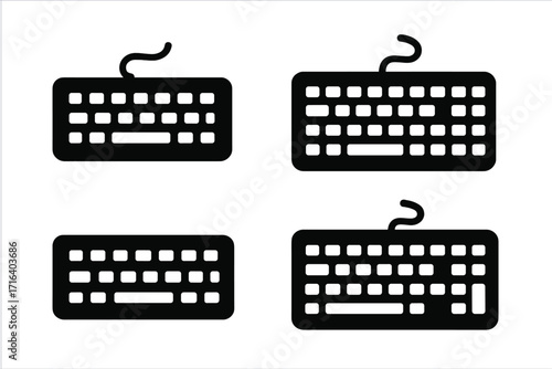Set of computer keyboards vector icons. Simple black silhouette collection. PC hardware input device symbol. Typing, data entry concept for web, app, digital work design.