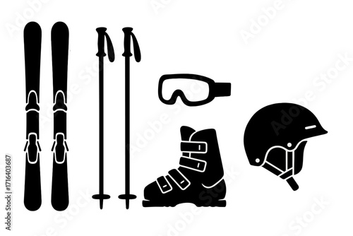 Ski equipment silhouette set, minimalist black and white winter sports gear collection, vector cartoon illustration with transparent background, ordered set, ski boots, poles, helmet, goggles