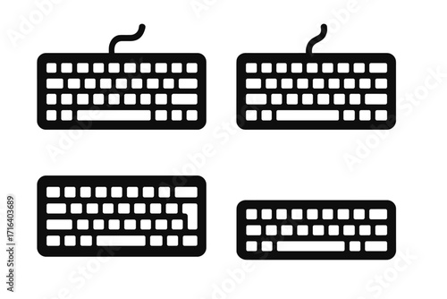 Computer keyboard vector icon set. Simple black silhouette collection. Wired and wireless pc peripherals. Office equipment and technology hardware input device graphics.