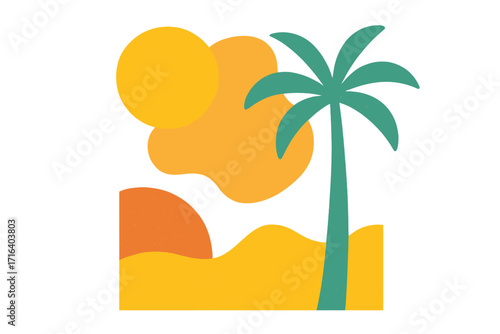 Bright summer square template with palm tree and sun, modern minimalist textured vector design for posters, cards, covers, labels, banners, trendy overlay effect