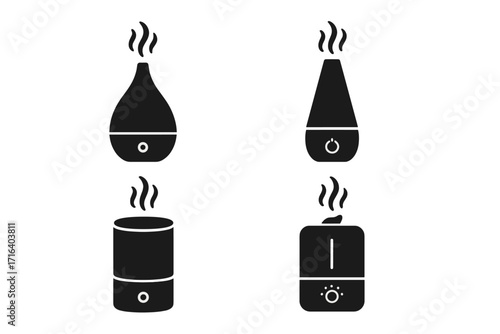 Set of humidifier icons in a minimalist silhouette style. Vector illustration of air diffusers, vaporizers, and purifiers for aromatherapy and modern home appliance design.