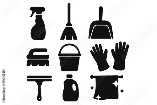 Silhouette set of household cleaning tools icons with gloves, spray bottle, broom, dustpan, brush, bucket, detergent, window squeegee, and sparkling cloth, cleaning chores vector