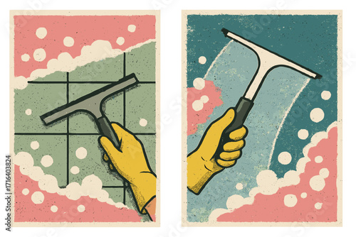 Spring cleaning home and window cleaning illustration with yellow gloved hand using squeegee and scraper, halftone collage style, disinfecting and cleanup concept, mixed media graphic