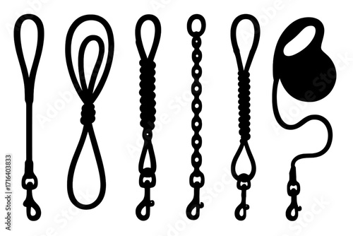 Dog leash and pet lead vector silhouette set. Various styles including chain, rope, and retractable leash. Isolated black icon collection for pet store or dog walking concept.