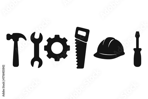 Silhouette icons of construction tools hammer wrench gear saw helmet screwdriver vector cartoon illustration set black symbols transparent background industrial repair maintenance equipment