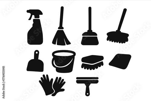 Silhouette set of cleaning tools icons for household chores, vector cartoon illustration with transparent background, broom, mop, spray bottle, bucket, gloves, squeegee, dustpan, scrub brush