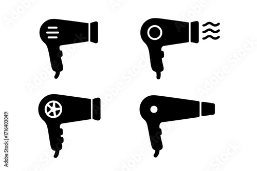 Hair dryer icon set. Minimalist blow dryer silhouette symbol collection. Vector graphic for hairstyling, beauty salon, and grooming. Hair care appliance tool illustration.
