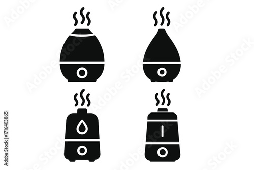 Set of humidifier icons. Air diffuser, vaporizer, and purifier silhouette vector collection. Aromatherapy, steam, and moisture symbols for home appliance and healthy climate concept.