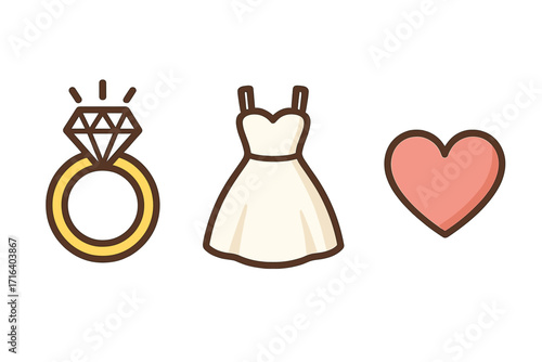 Flat wedding icons with diamond ring, dress, and heart for celebration designs. Vector cartoon illustration set for marriage, engagement, and romance concepts. Bridal element.
