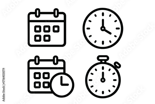Simple black time management icons set with calendar, clock, stopwatch, and timer elements, vector cartoon illustration, transparent background, organized timekeeping symbols
