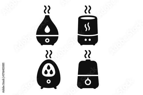 Humidifier and aroma diffuser icons set. Vector silhouette collection of air moisturizers, vaporizers, and purifiers. Home appliance for aromatherapy, steam, and wellness.