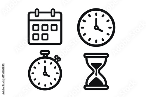 Black time management icons set with calendar, clock, stopwatch, and hourglass symbols, vector illustration, productivity tools, schedule planning, time tracking, deadlines