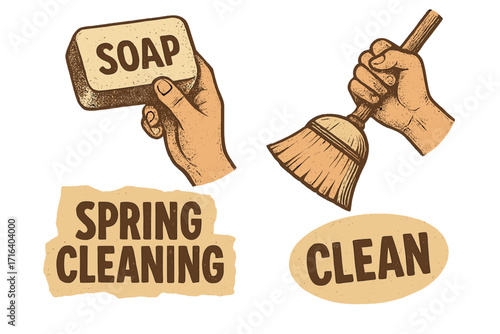 Vintage halftone collage of spring cleaning concept with hands holding soap and broom, retro paper texture, cleaning tools illustration, humorous lettering quotes, vector design