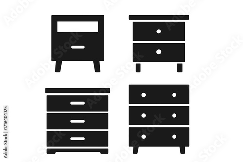 Set of furniture icons. Black silhouette of minimalist nightstands, dressers, and bedside tables. Vector illustration of a chest of drawers. Modern interior design element.