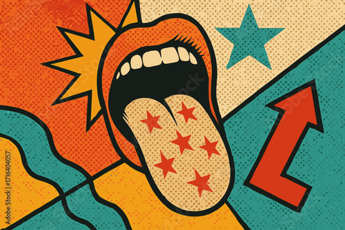 Vintage pop art election banner with voting concept, halftone scream mouth, starry tongue, bright bold colors, retro political vector cartoon illustration design