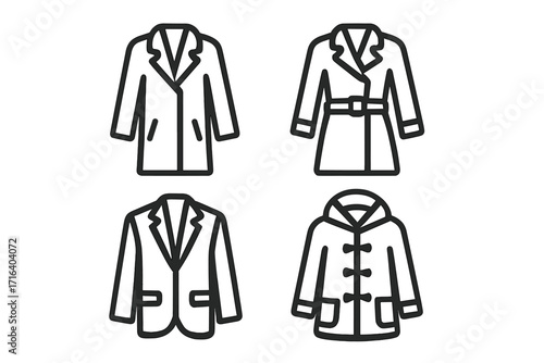 Set of coat icons. Minimalist line art for fashion. Vector illustration. Outerwear clothing symbols. Overcoat, trench coat, blazer, duffle coat. Apparel collection for design.