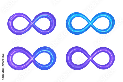 Shining infinity symbols in purple, blue and violet with bright glowing dynamic scintillating lines, vector illustration, vibrant design elements, endless loop concept