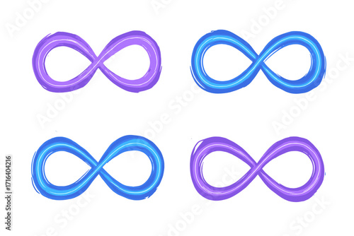 Purple and Blue Shining Infinity Symbols with Dynamic Scintillating Lines, Bright Violet and Azure Loop Signs, Vector Cartoon Design Elements, Abstract Endless Concept Illustration
