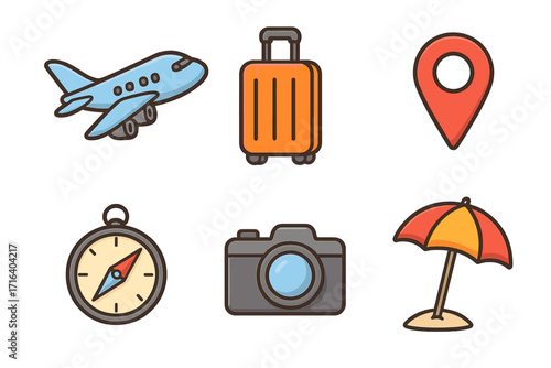 Travel icon set with airplane, suitcase, location pin, compass, camera, beach umbrella, tourism symbols, vacation essentials, summer holiday elements, vector cartoon collection transparent background