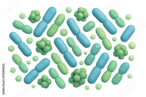 3D render microbiome abstract background. Probiotics concept with lactic acid bacteria and bifidobacterium. Good microorganisms for gut and intestinal flora health. Microflora.