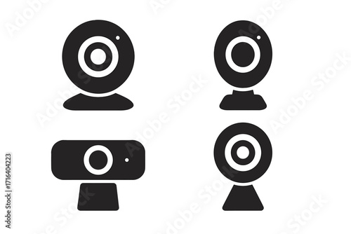 Webcam icon set vector silhouette. Web camera pictogram collection. Video conference, online meeting, streaming, chat, broadcast, surveillance, security. Digital device.