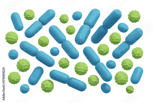 3D render of a microbiome concept. Probiotics and prebiotics. Lactic acid bacteria for good gut and intestinal flora health. Healthy microorganisms background for banner design.