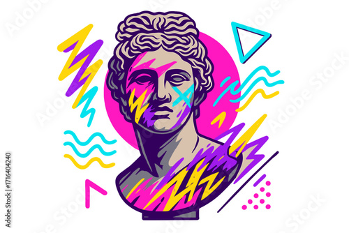 Classic Greek statue bust meets 80s pop art. Neon graffiti scribble on a marble sculpture. Retro vaporwave aesthetic for T-shirt print. Juxtaposition of ancient and modern.