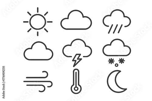 Weather icons set linear style. Vector cartoon illustration of sun, clouds, rain, storm, snow, wind, thermometer, moon. Transparent background. Ordered weather symbols collection.