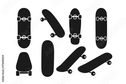 Skateboard silhouette vector set. Collection of black skate board icons from different angles. Extreme sport equipment graphic element. Street style longboard and deck symbols.