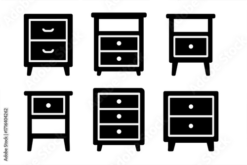 Set of six black nightstand icons. Bedside table furniture silhouette. Minimalist home decor and interior design elements. Simple flat vector glyph pictogram collection.