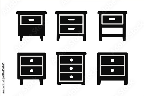 Nightstand silhouette icon set. Bedside table collection. Black minimalist furniture symbols for web design. Vector graphic illustration of drawer cabinet and commode glyphs.