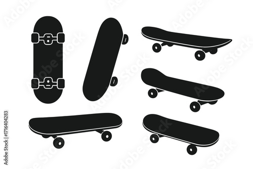 Set of six black silhouette skateboards isolated on white background. Vector illustration collection. Skate deck icon pack for extreme urban street sport design element. Graphic
