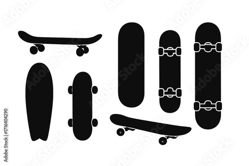 Set of black skateboard silhouettes. Vector graphic icon collection for extreme sports. Urban youth culture lifestyle symbol. Longboard and skate deck shapes isolated.