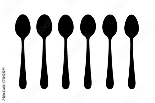 Set of six black spoon silhouettes. Vector illustration of kitchen utensil icons. Cutlery collection for food, eating, cooking, or restaurant and cafe menu design concepts.