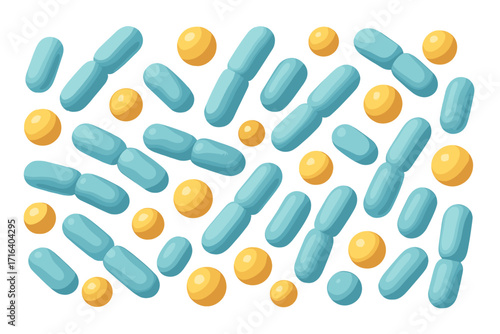 3D render microbiome abstract banner design. Probiotics concept. Lactic acid bacteria, Bifidobacterium. Good microorganisms for gut and intestinal flora health. Microflora.